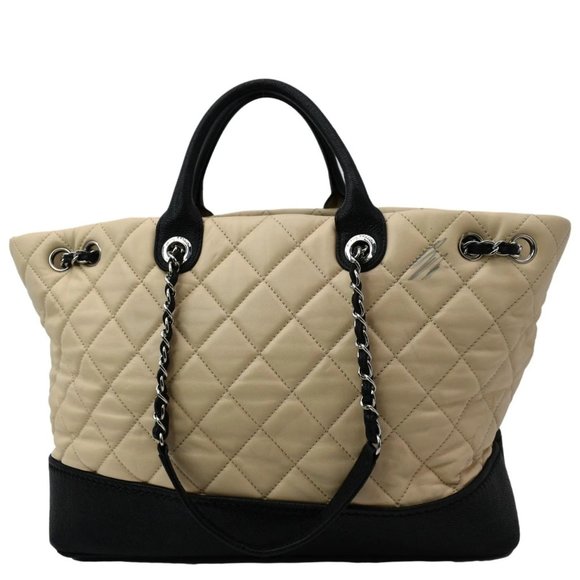 Chanel Drawstring Large Quilted Calfskin Shopping Tote Bag Beige